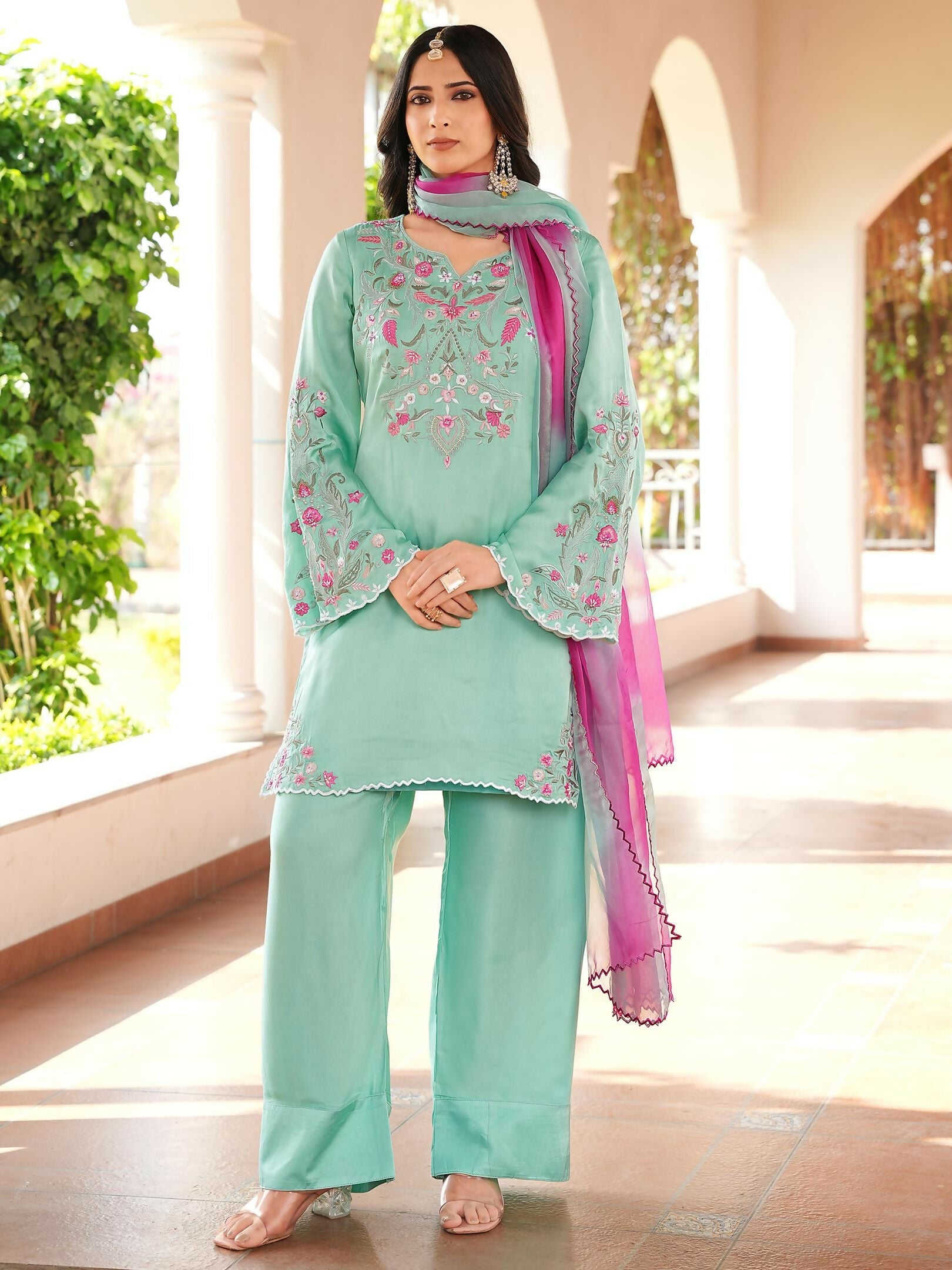 Nikhaar Light Green Embroidered Modal Silk Stitched Straight Cut Kurta Farshi Salwar Dupatta Readymade Suit | Grocsy