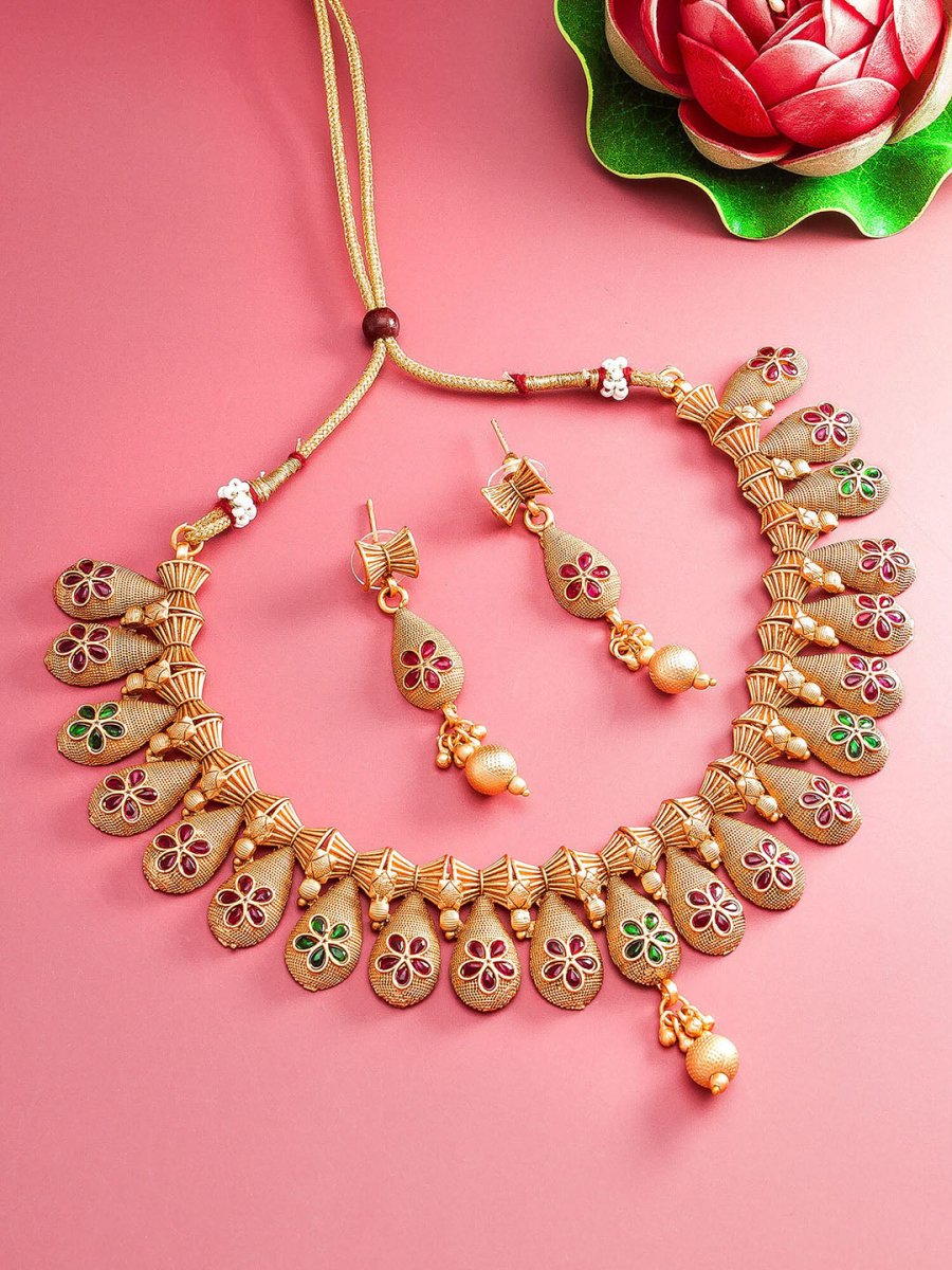Aadita Gold-Polished Temple Choker Ruby Jewellery Set | Grocsy
