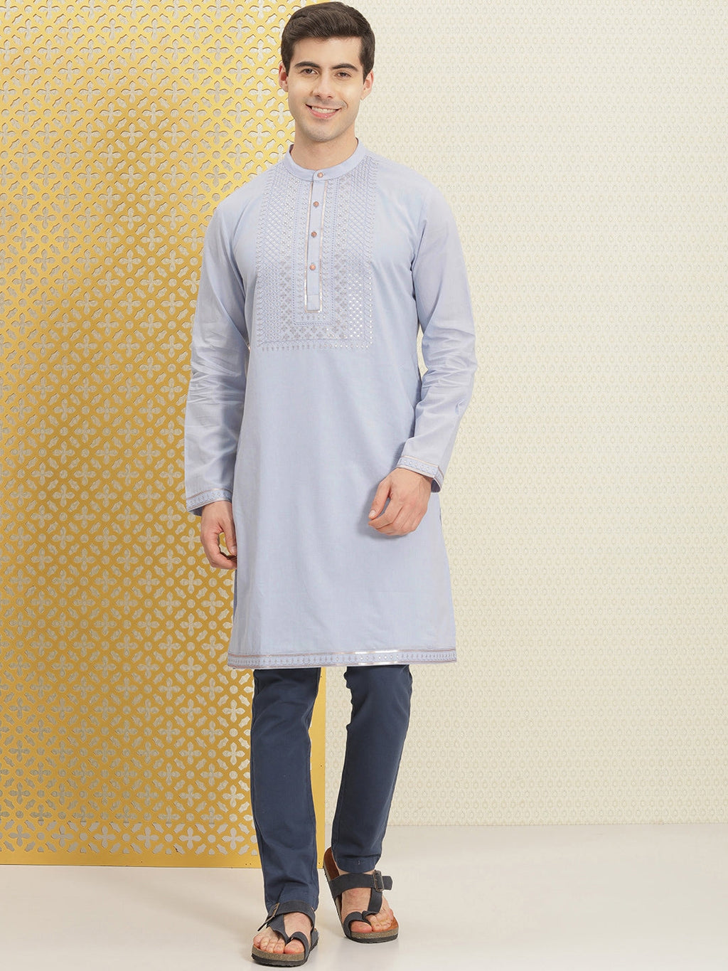 House of Pataudi Jashn Pure Cotton Yoke Design Sequinned Kurta | Grocsy