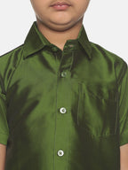 Sethukrishna Boys Green Shirt & Cream-Coloured & Zari Border Veshti Set | Grocsy