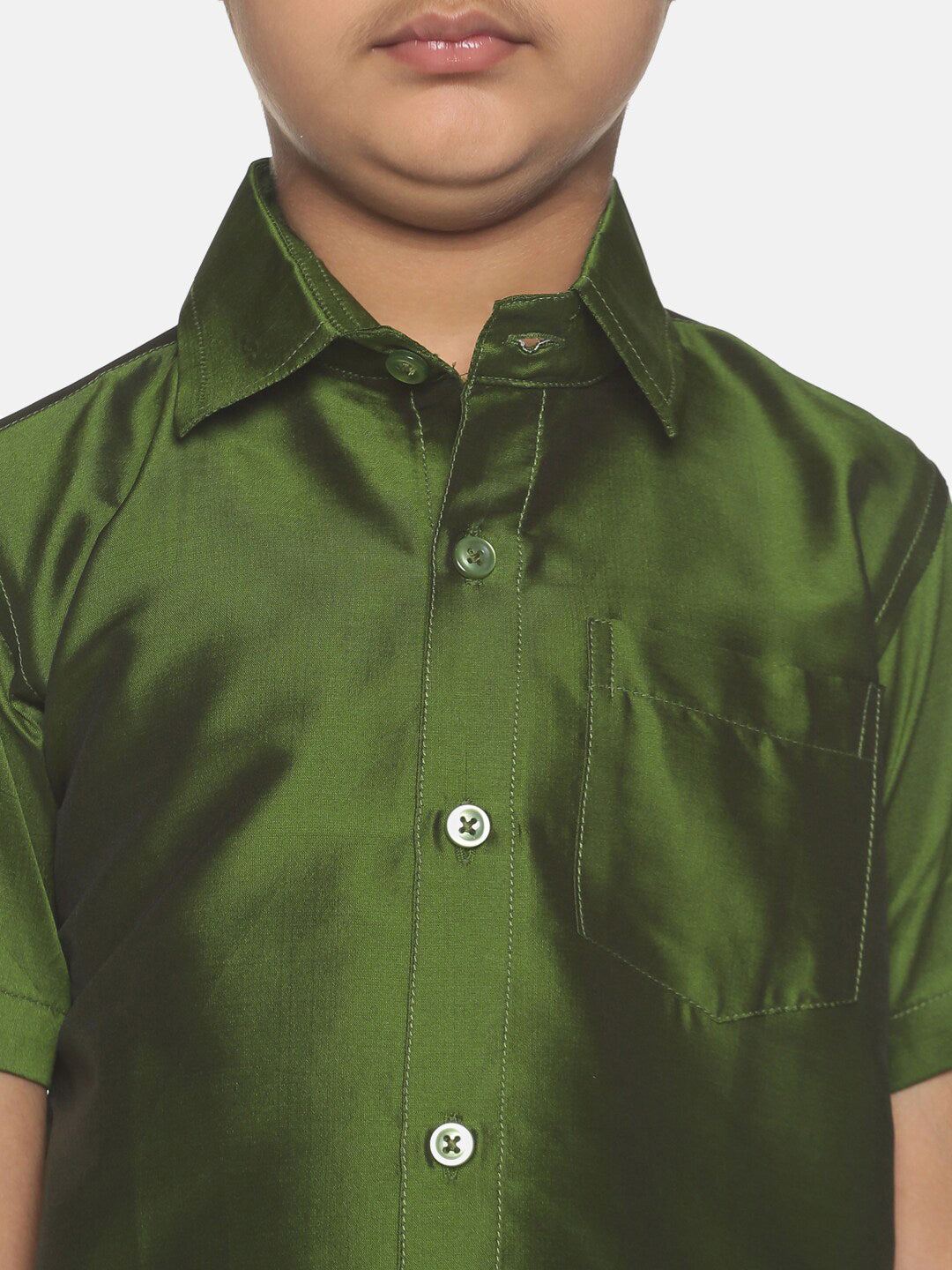 Sethukrishna Boys Green Shirt & Cream-Coloured & Zari Border Veshti Set | Grocsy