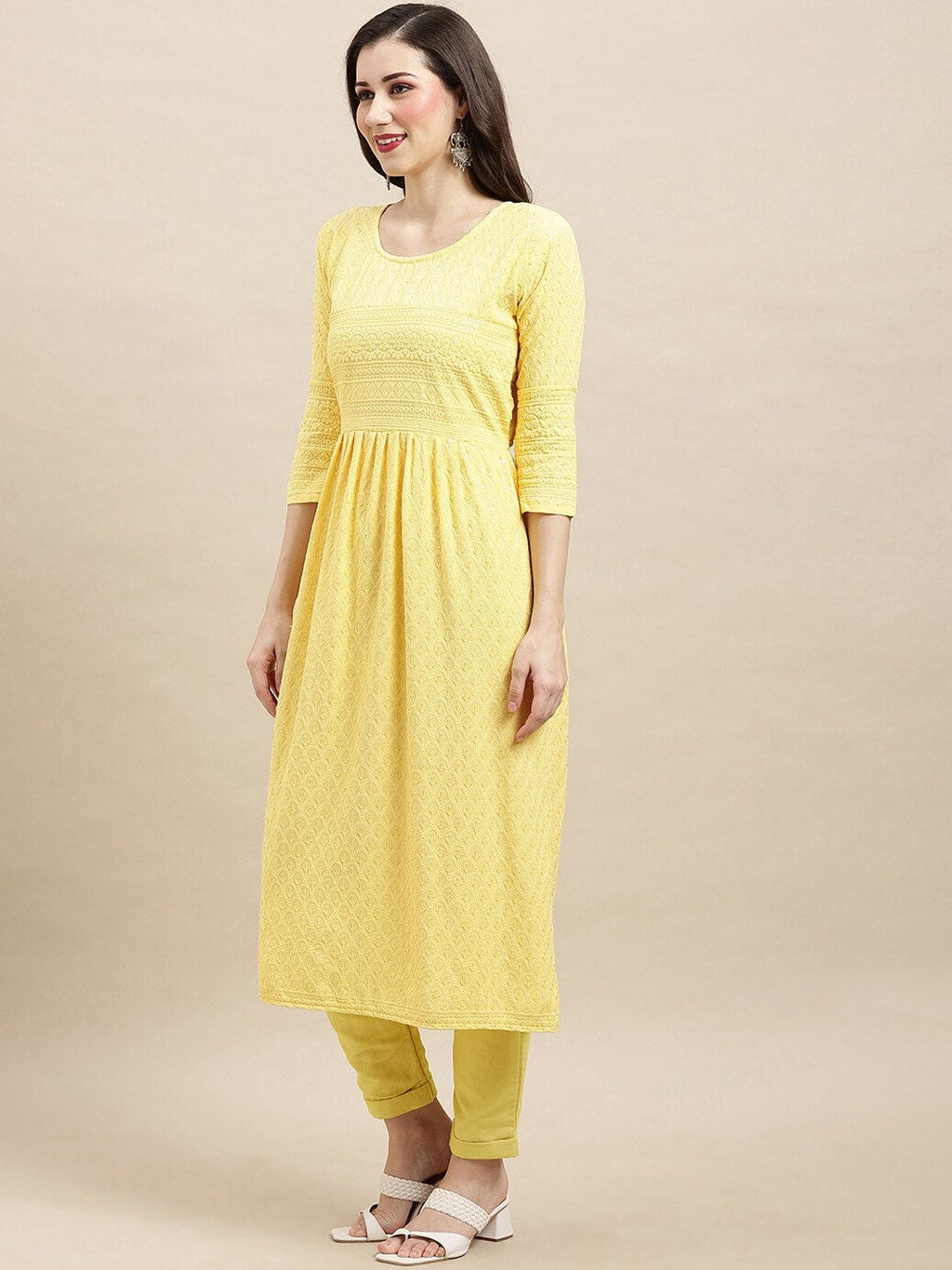 Sangria Yellow Ethnic Motifs Embroidered Chikankari A-Line Kurta | Grocsy