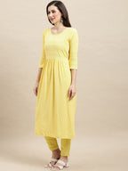 Sangria Yellow Ethnic Motifs Embroidered Chikankari A-Line Kurta | Grocsy