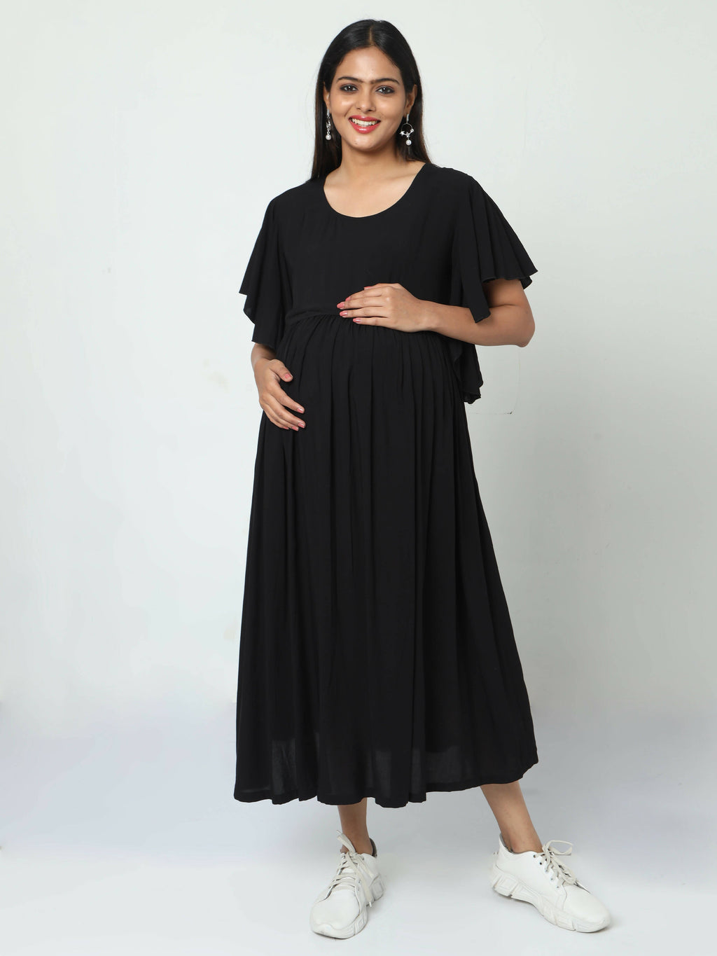 Manet Maternity Frill Slevee Solid Dress With Concealed Zipper Nursing Access - Black | Grocsy