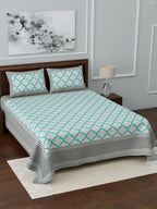 LIVING ROOTS White & Blue Printed 210 TC 1 King Jaipuri Bedsheet With 2 Pillow Covers | Grocsy