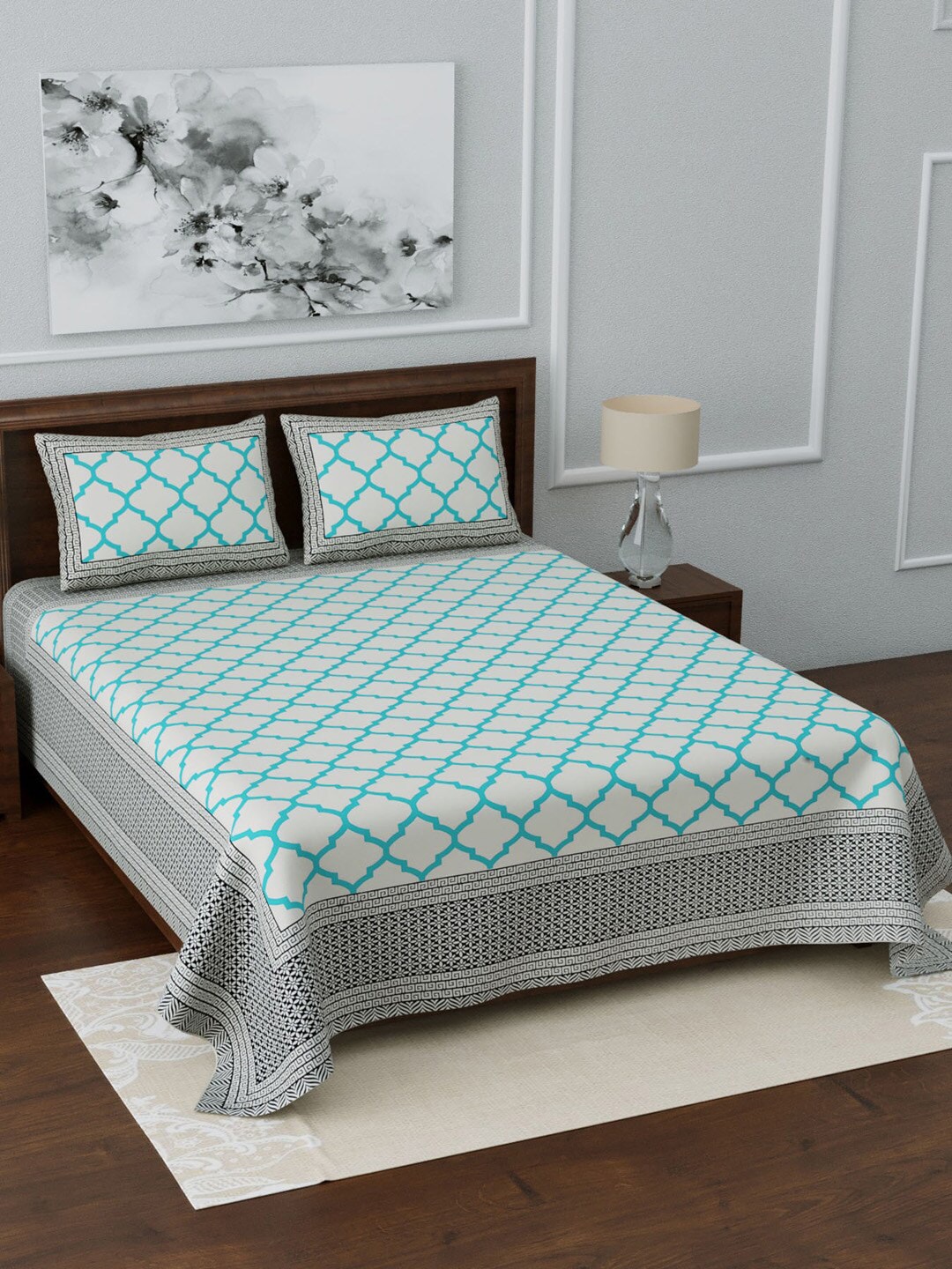 LIVING ROOTS White & Blue Printed 210 TC 1 King Jaipuri Bedsheet With 2 Pillow Covers | Grocsy