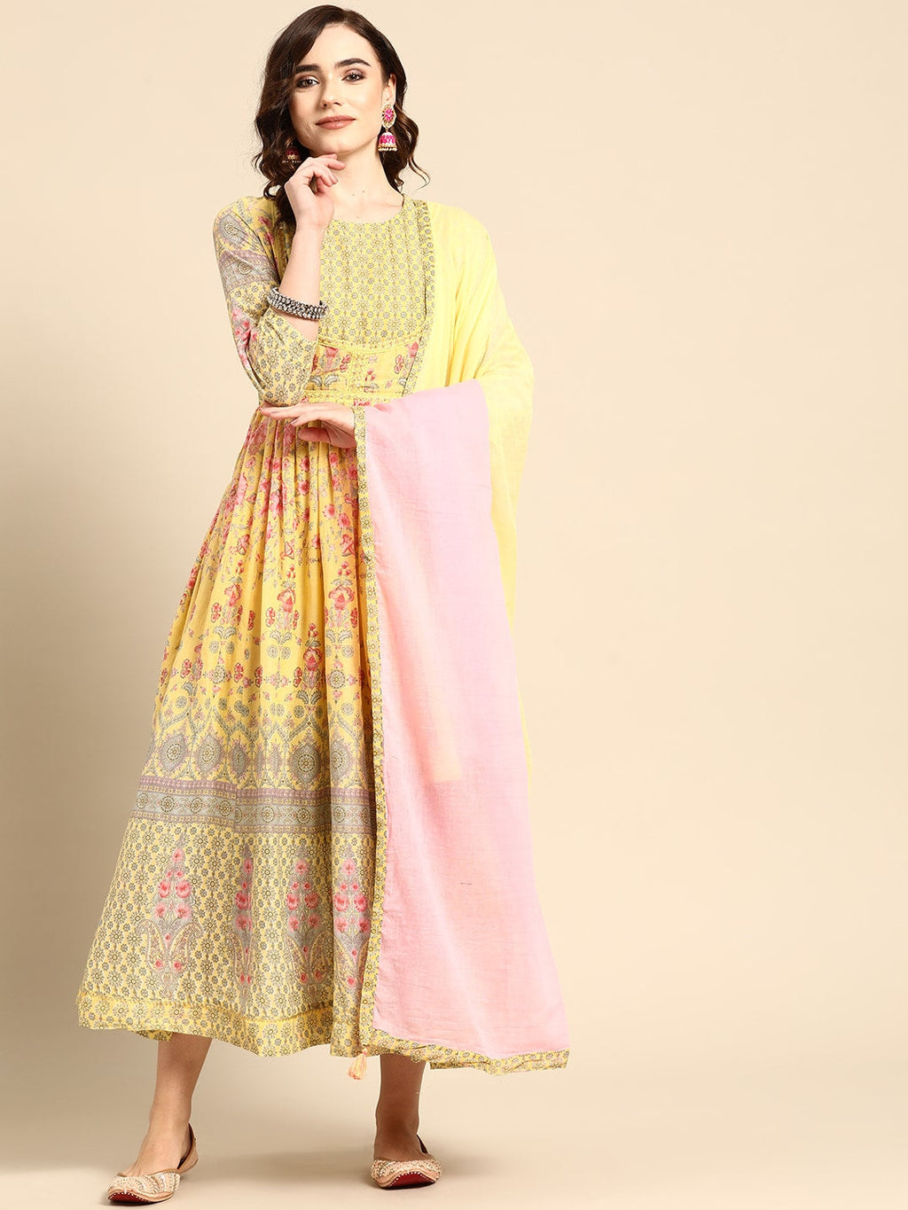 Sangria Women Yellow & Pink Floral Printed Anarkali Kurta | Grocsy