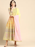 Sangria Women Yellow & Pink Floral Printed Anarkali Kurta | Grocsy