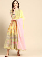 Sangria Women Yellow & Pink Floral Printed Anarkali Kurta | Grocsy