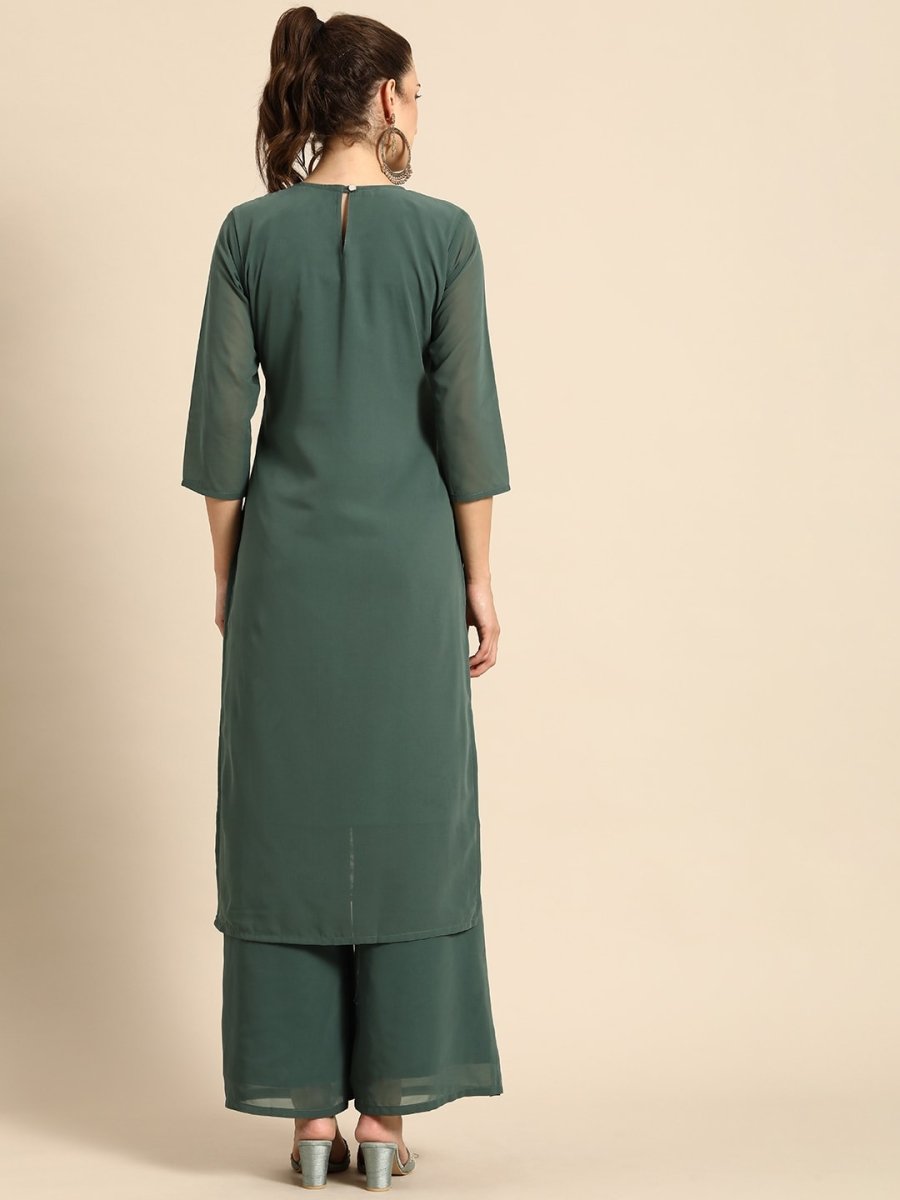 All About You Women Green Ethnic Motifs Embroidered Regular Chikankari Kurta with Palazzos | Grocsy