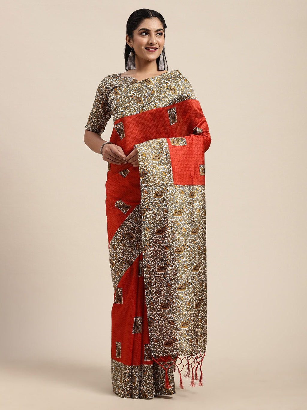 Saree Mall Rust Red & Orange Art Silk Printed Bhagalpuri Saree | Grocsy