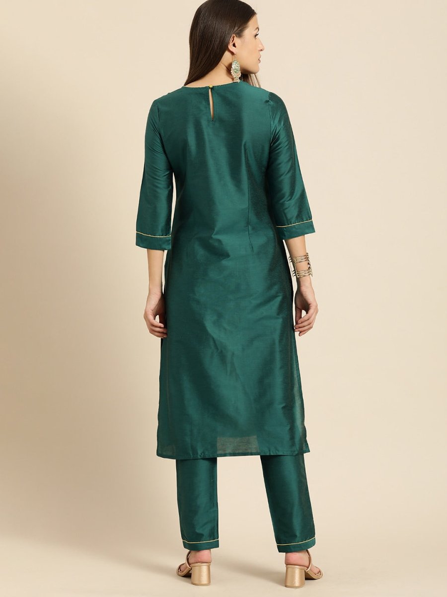 All About You Women Teal Green Ethnic Motifs Kurta with Trousers | Grocsy