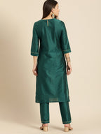 All About You Women Teal Green Ethnic Motifs Kurta with Trousers | Grocsy