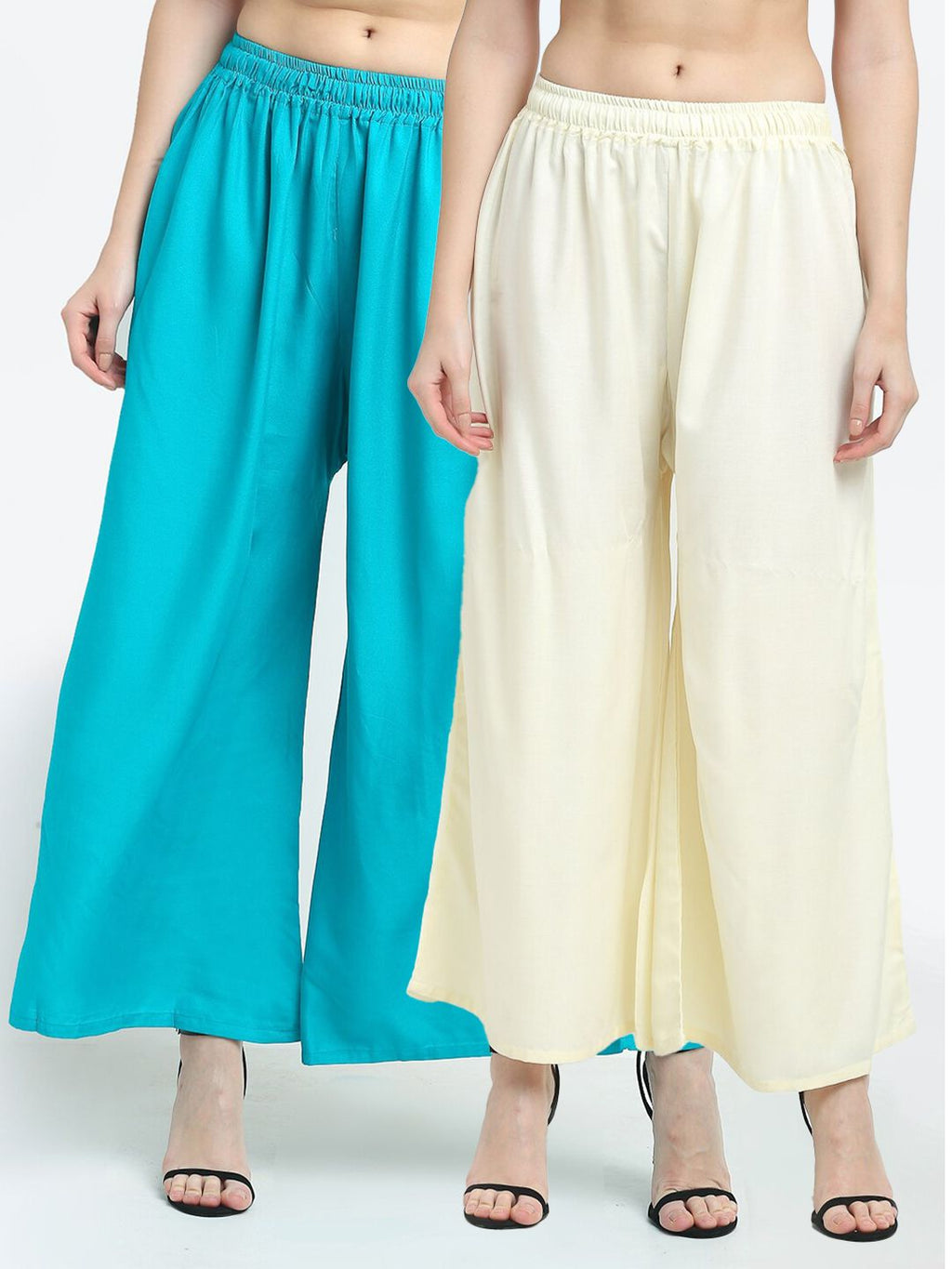 TAG 7 Women Pack Of 2 Cream-Coloured & Turquoise Blue Flared Ethnic Palazzos | Grocsy