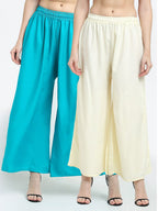 TAG 7 Women Pack Of 2 Cream-Coloured & Turquoise Blue Flared Ethnic Palazzos | Grocsy