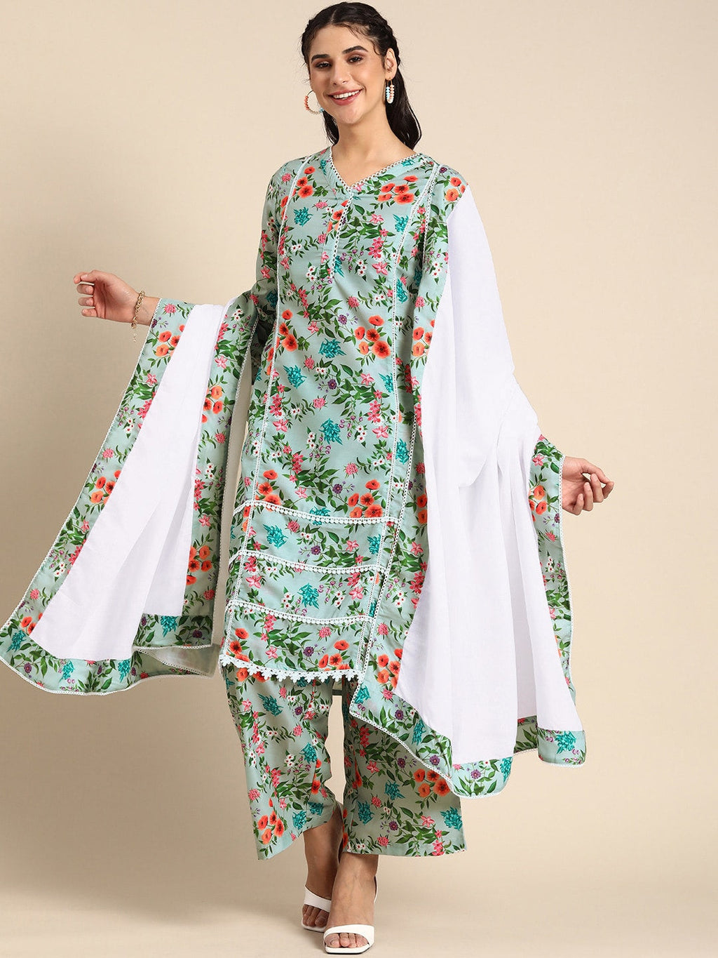 Sangria Women V-Neck Floral Printed Regular Kurta with Palazzos & With Dupatta | Grocsy