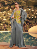 Anaita grey Chinon Readymade Shrug Suit with Heavy Embroidery Work | Grocsy