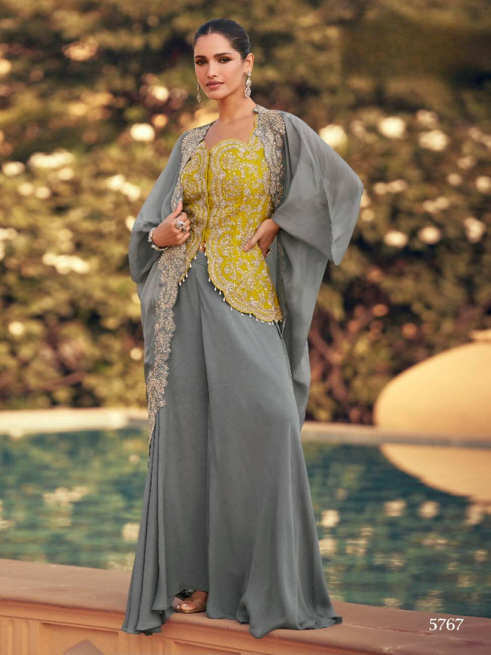 Anaita grey Chinon Readymade Shrug Suit with Heavy Embroidery Work | Grocsy
