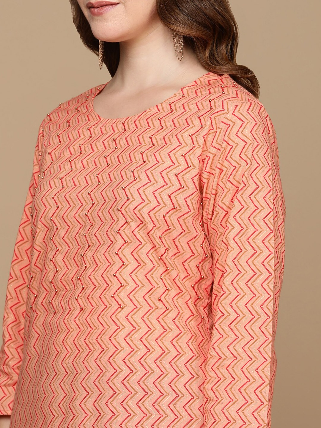 HERE&NOW Peach-Color & Red Chevron Printed Beads Pure Cotton Kurta | Grocsy