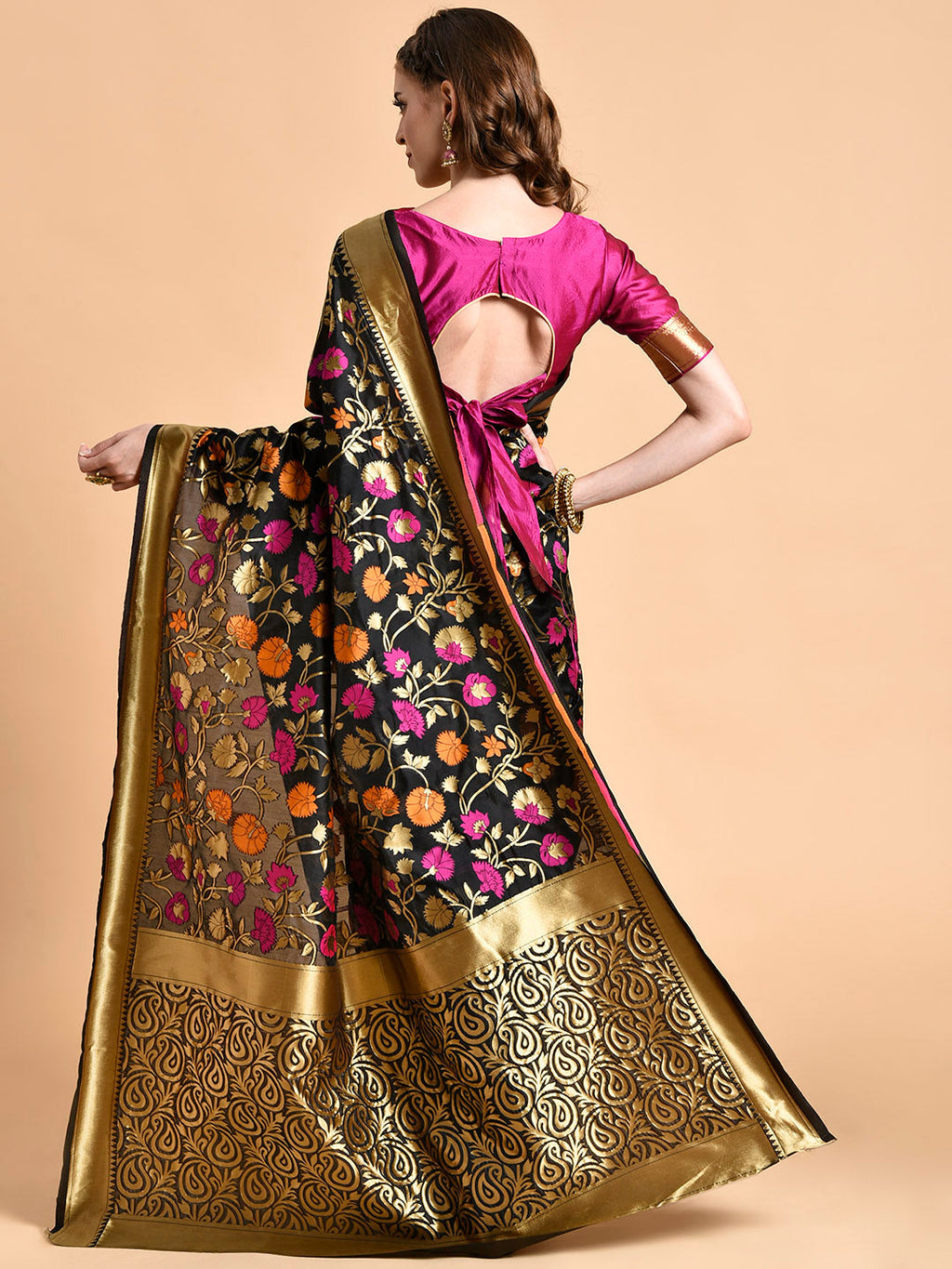 Sangria Black & Pink Floral Zari Silk Blend Banarasi Saree | Grocsy