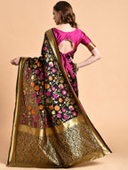 Sangria Black & Pink Floral Zari Silk Blend Banarasi Saree | Grocsy
