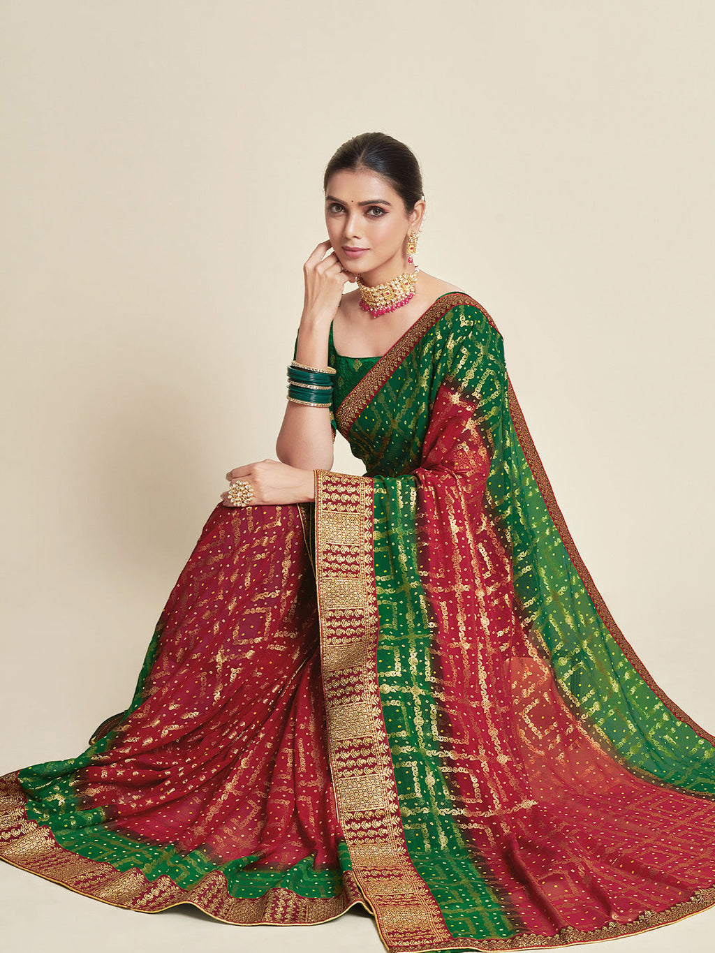 Sangria Red & Green Woven Design Zari Poly Georgette Bandhani Saree | Grocsy