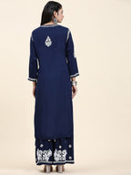 HOUSE OF KARI Ethnic Motifs Embroidered Chikankari Cotton Kurta & Palazzos | Grocsy