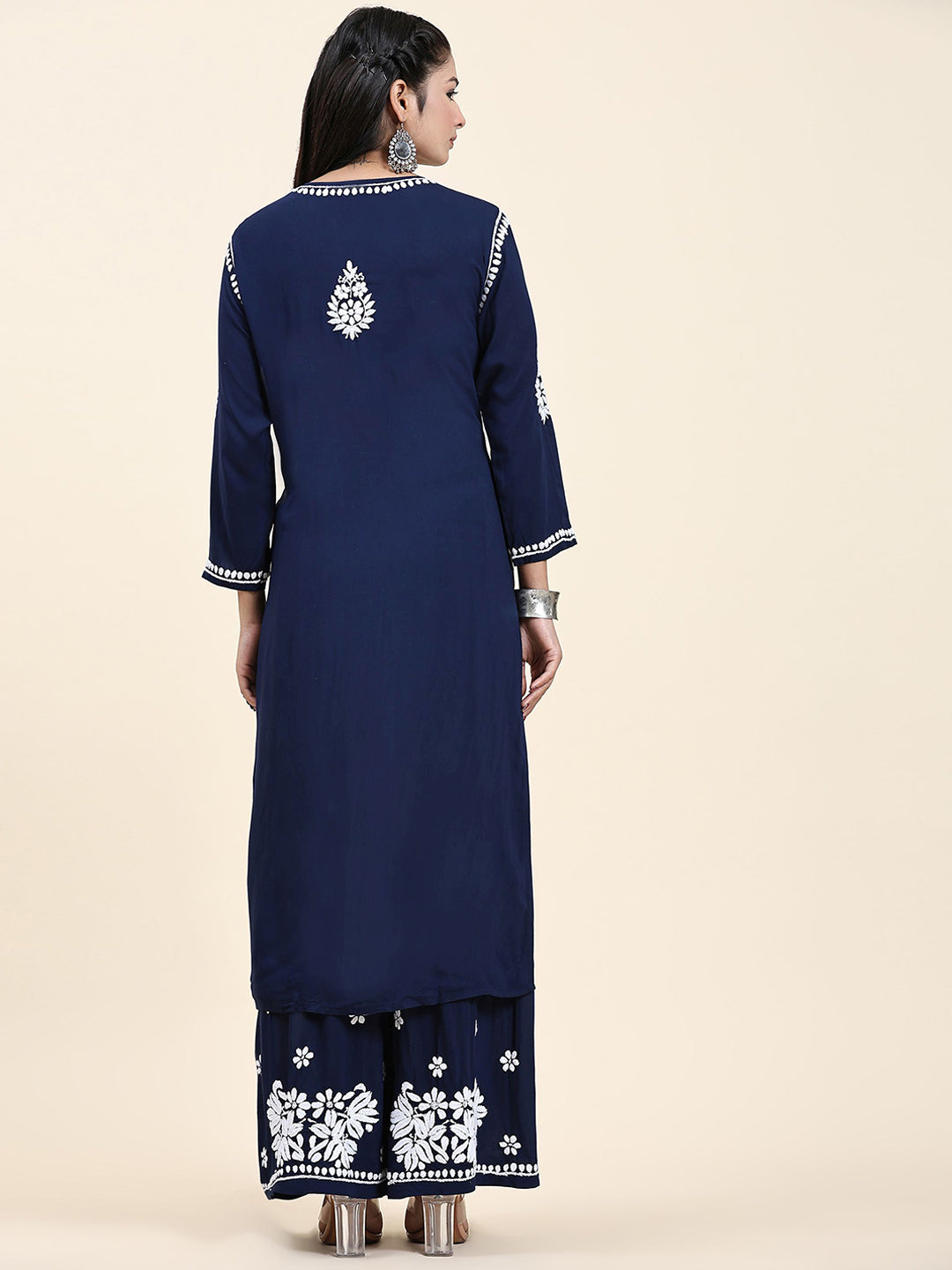HOUSE OF KARI Ethnic Motifs Embroidered Chikankari Cotton Kurta & Palazzos | Grocsy