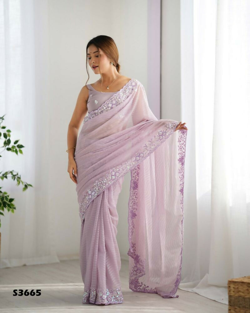 Georgette Designer Sequance Embroidery Work Party Wear Saree - Lavender | Grocsy