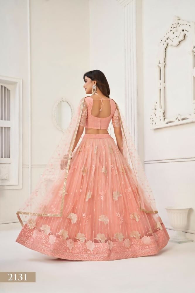 Aastha Fashion Peach Butterfly Net Tone To Tone Thread Work And Sequence Work Embroidery Wedding Wear Lehenga Choli | Grocsy