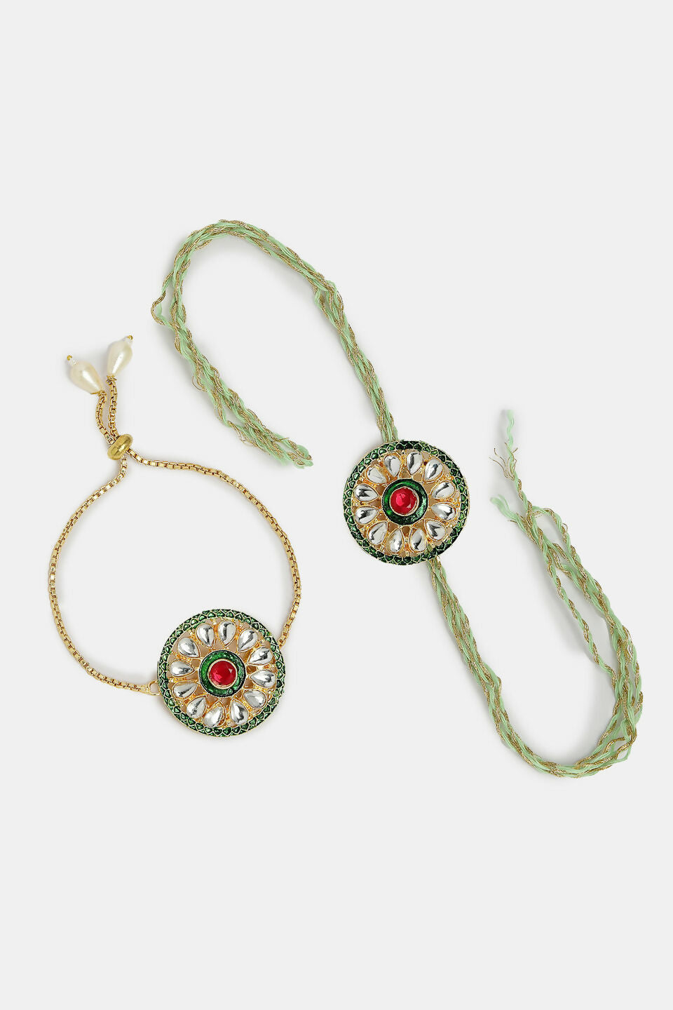 NVR Women & Men Set of 2 Gold Kundan-Studded Handcrafted Wraparound Rakhi Set With Roli Chawal | Grocsy