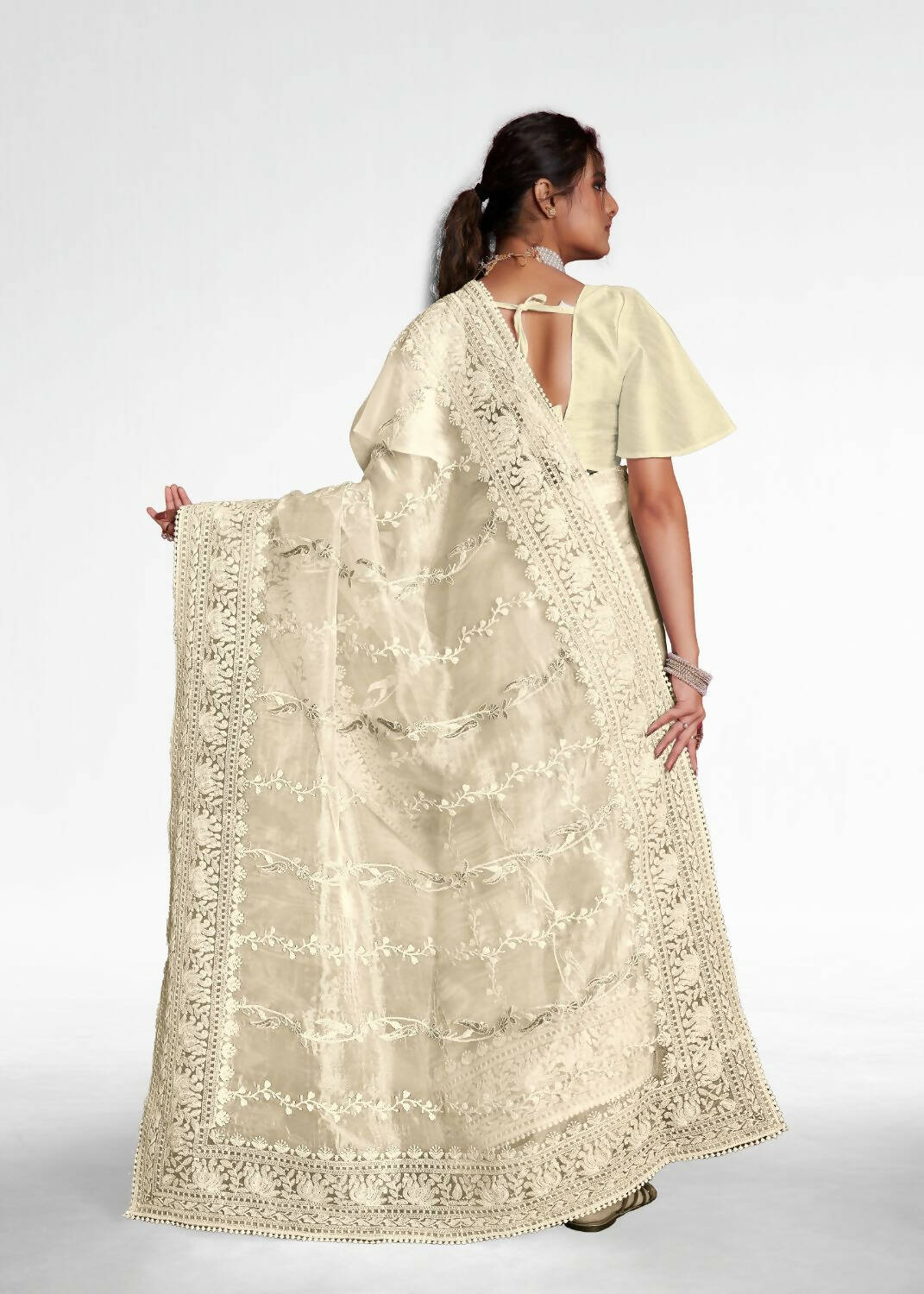 Vamsee White Organza Saree | Grocsy