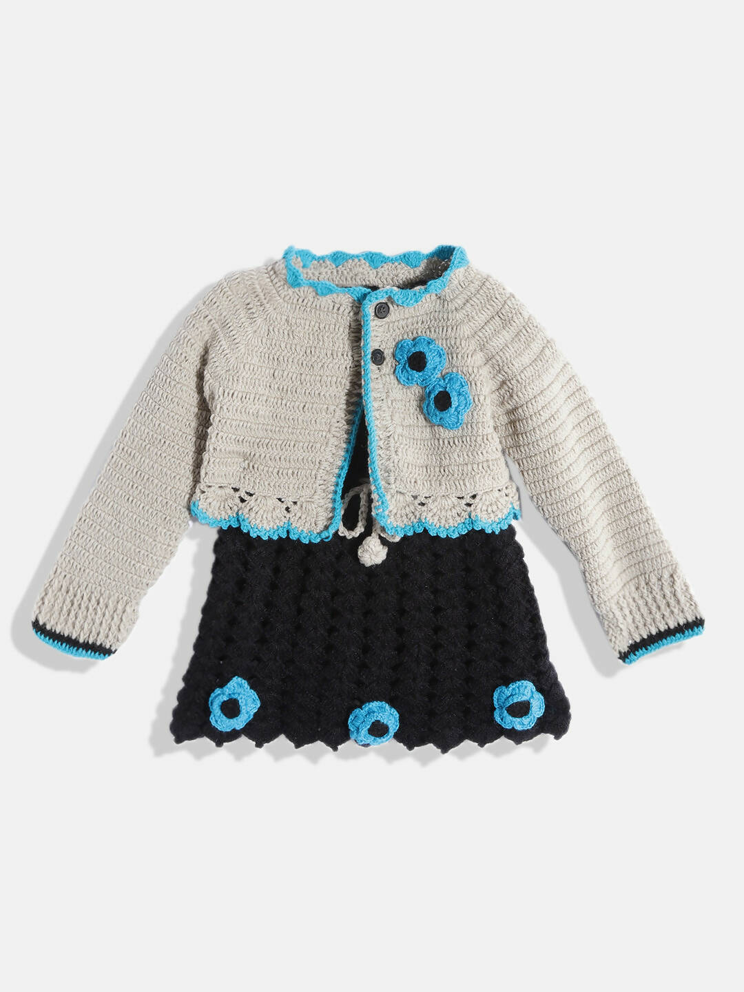 Chutput Kids Woollen Hand Knitted Full Sleeves Cardigan With Short Sleeves Flower Work Dress For Baby Girls - Grey | Grocsy