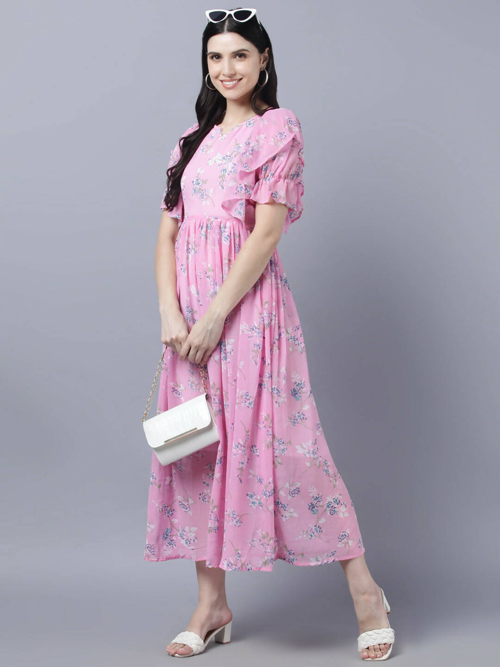 Myshka Women Pink Printed Fit and Flare Dress | Grocsy