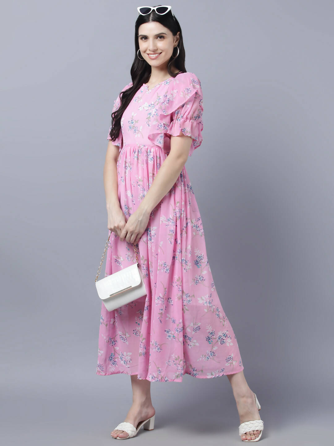 Myshka Women Pink Printed Fit and Flare Dress | Grocsy