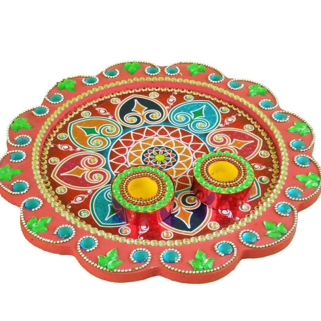 Kundan HandiKrafts Mdf Flower Pooja Thali - Red | Grocsy
