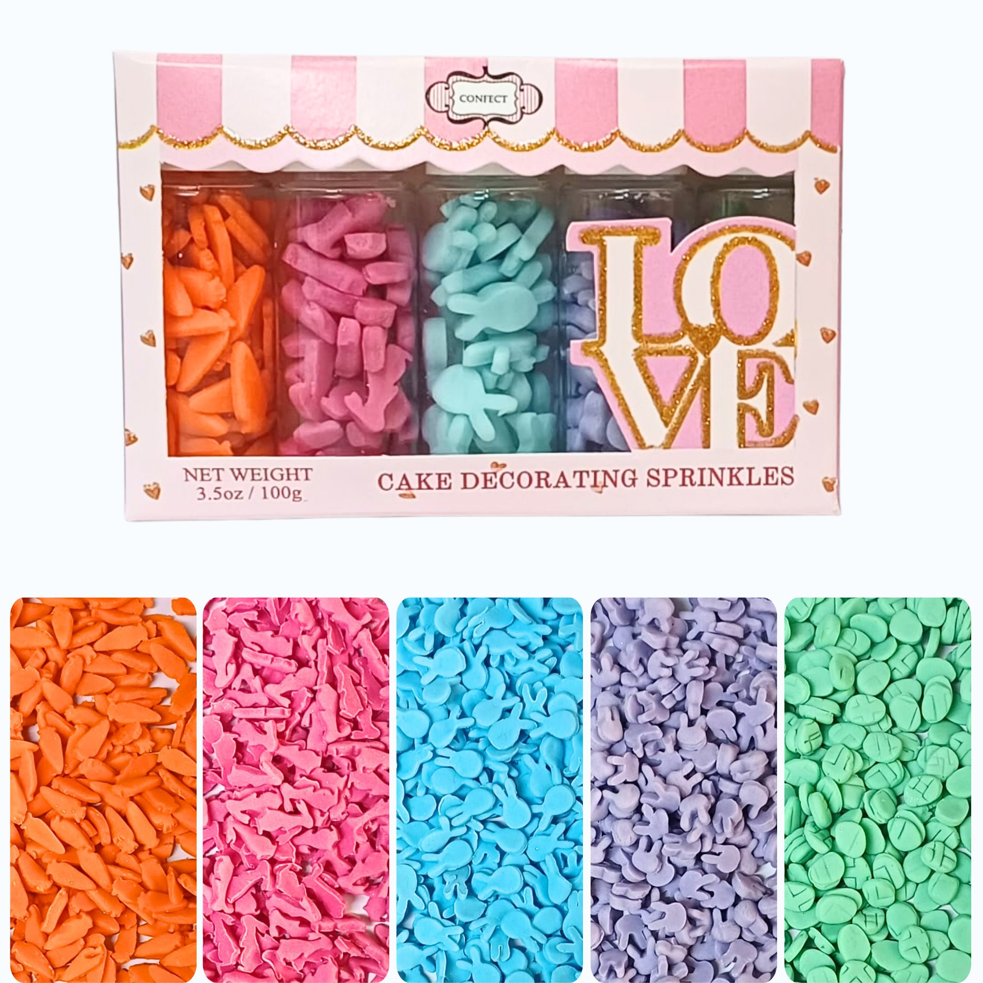 Confect Bunny Sprinkles |  Orange, Silver and Sky Blue, Red Sprinkles Pack of 5 (EAST 9) - 100Gms | Grocsy