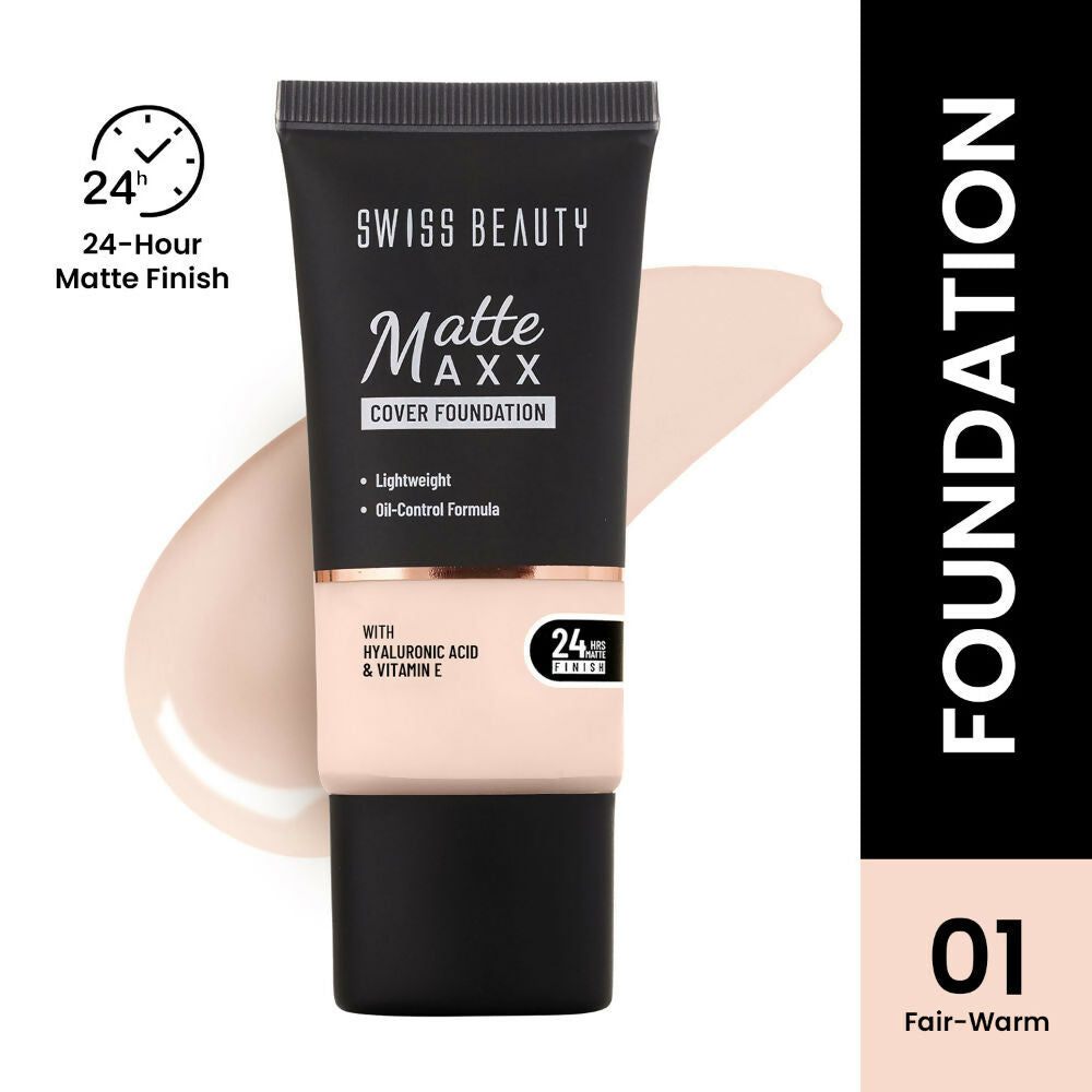 Swiss Beauty Matte Maxx Cover Foundation with Hyaluronic Acid & Vitamin E - 1 Fair Warm | Grocsy
