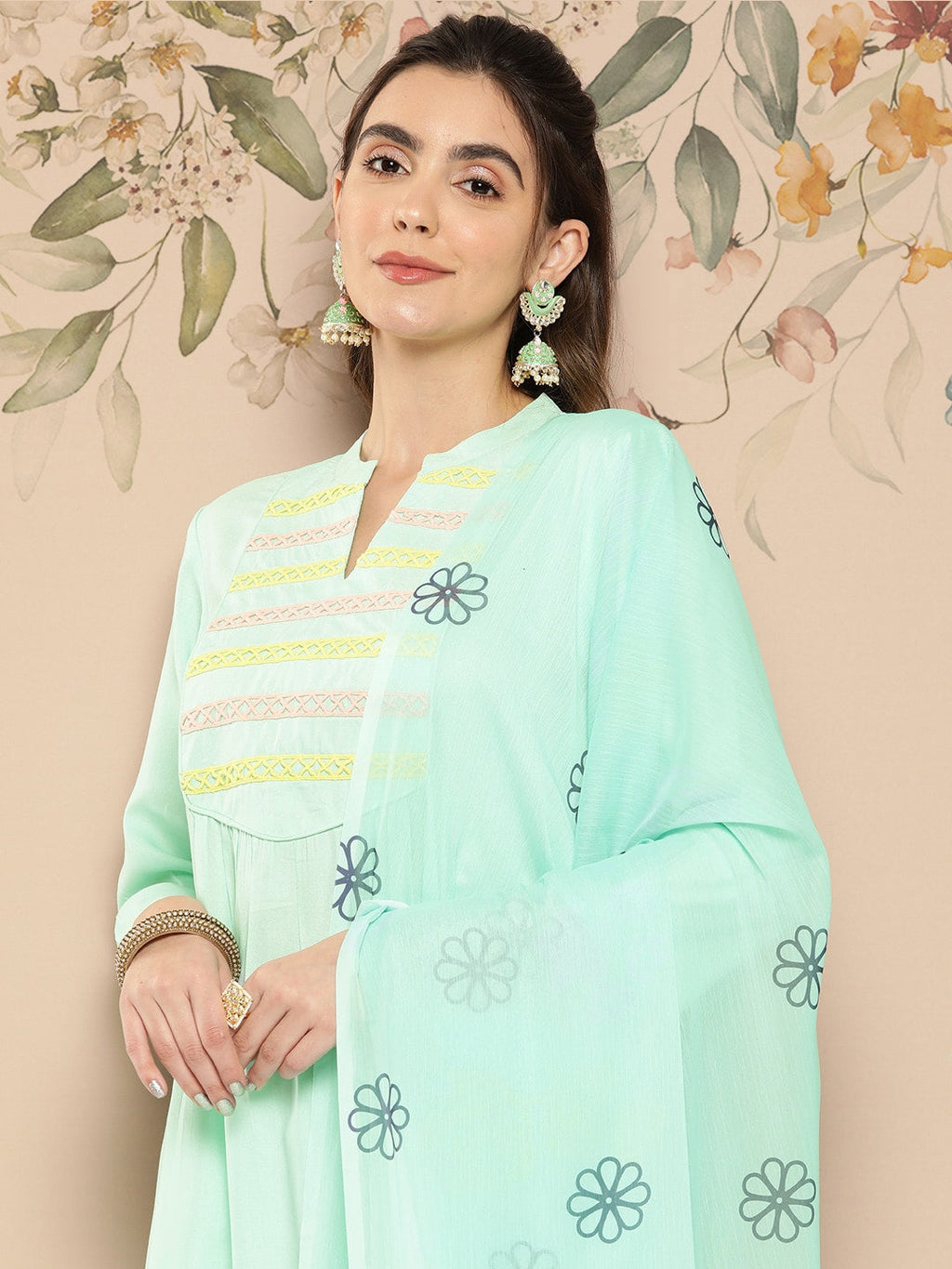 HERE&NOW Women Yoke Design Kurta with Trousers & Dupatta | Grocsy