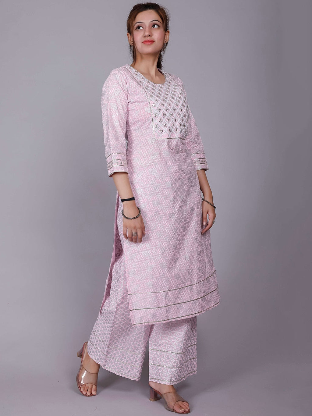 HERE&NOW Pink Ethnic Motifs Embroidered Sequinned Pure Cotton Kurta with Palazzos | Grocsy
