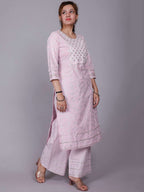 HERE&NOW Pink Ethnic Motifs Embroidered Sequinned Pure Cotton Kurta with Palazzos | Grocsy