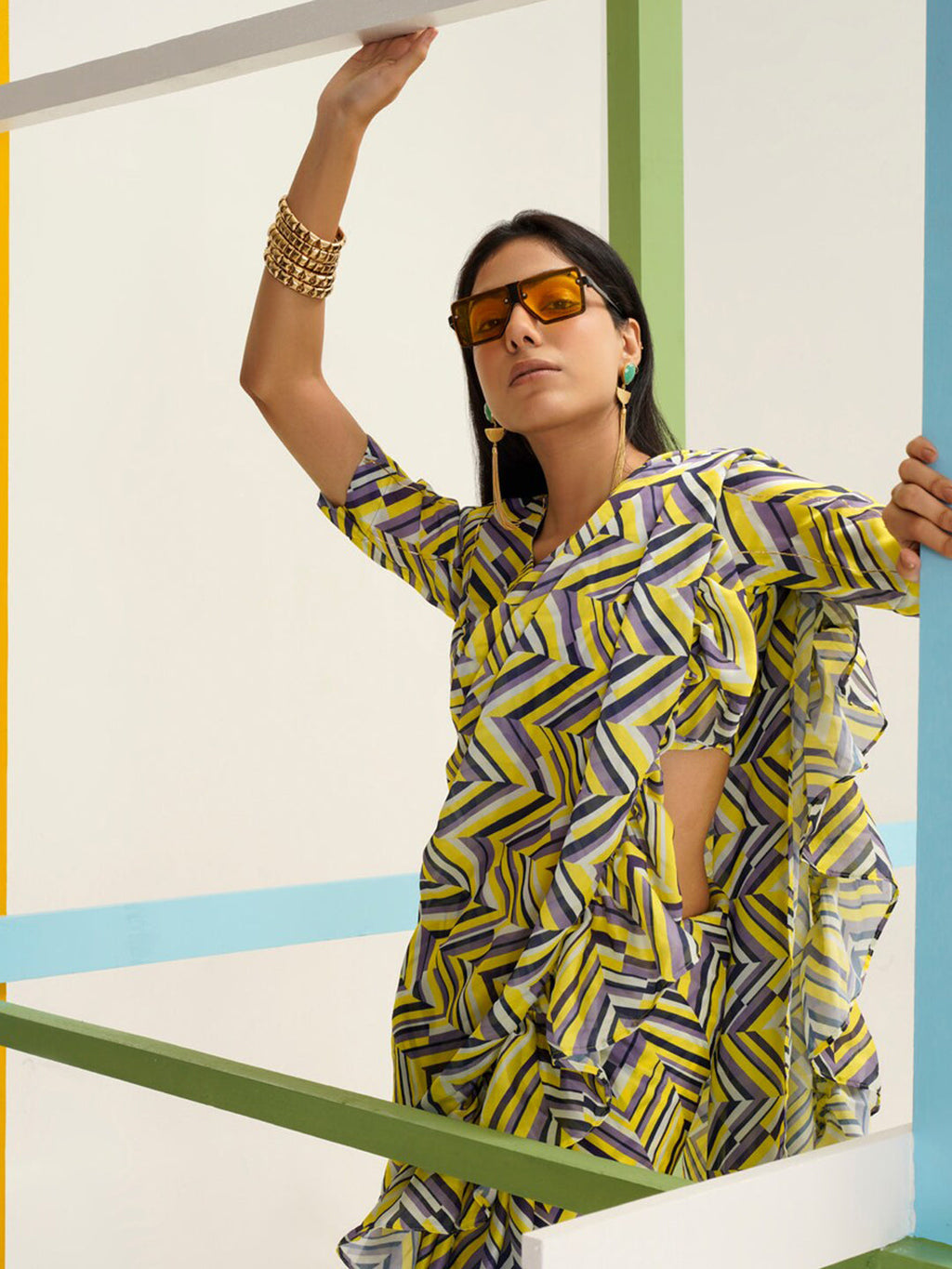 Tikhi Imli Geometric Digital Printed Ruffled Ready to Wear Saree | Grocsy