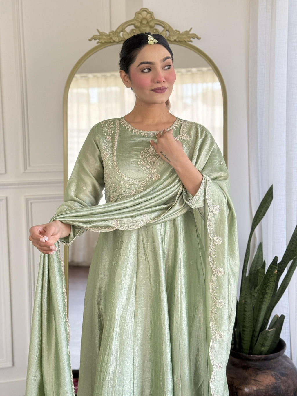 The52 Women's Beautiful Vichitra Silk Fabric Embroidery Work Flared Anarkali Pant and Dupatta Set | Grocsy