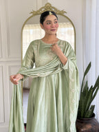 The52 Women's Beautiful Vichitra Silk Fabric Embroidery Work Flared Anarkali Pant and Dupatta Set | Grocsy
