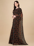 Sangria Black Floral Printed Gotta Patti Detail Pure Chiffon Saree | Grocsy