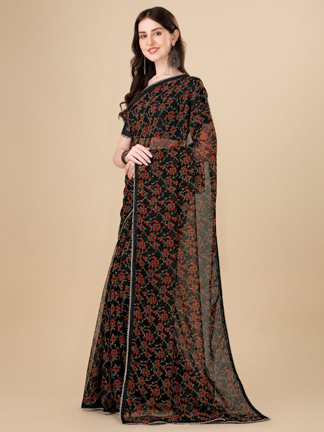 Sangria Black Floral Printed Gotta Patti Detail Pure Chiffon Saree | Grocsy