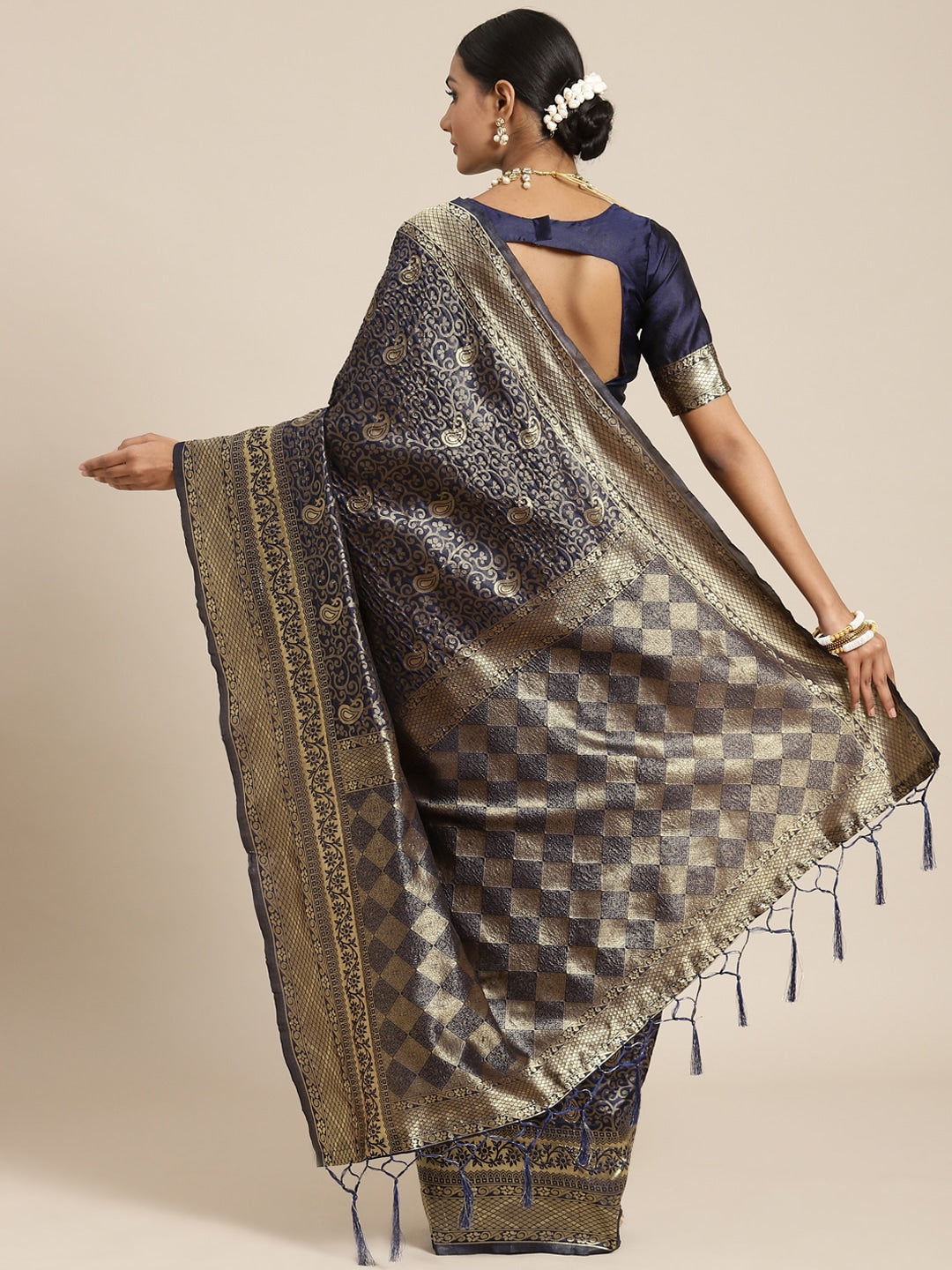 Saree Mall Navy Blue & Gold-Toned Ethnic Motifs Zari Silk Blend Banarasi Sarees | Grocsy