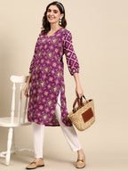 Sangria Ethnic Motifs Printed V-neck Puff Sleeves Kurta | Grocsy