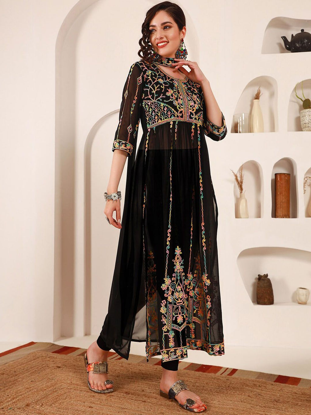 Sangria Black Ethnic Motifs Embroidered Round Neck Georgette Straight Kurta With Dupatta | Grocsy