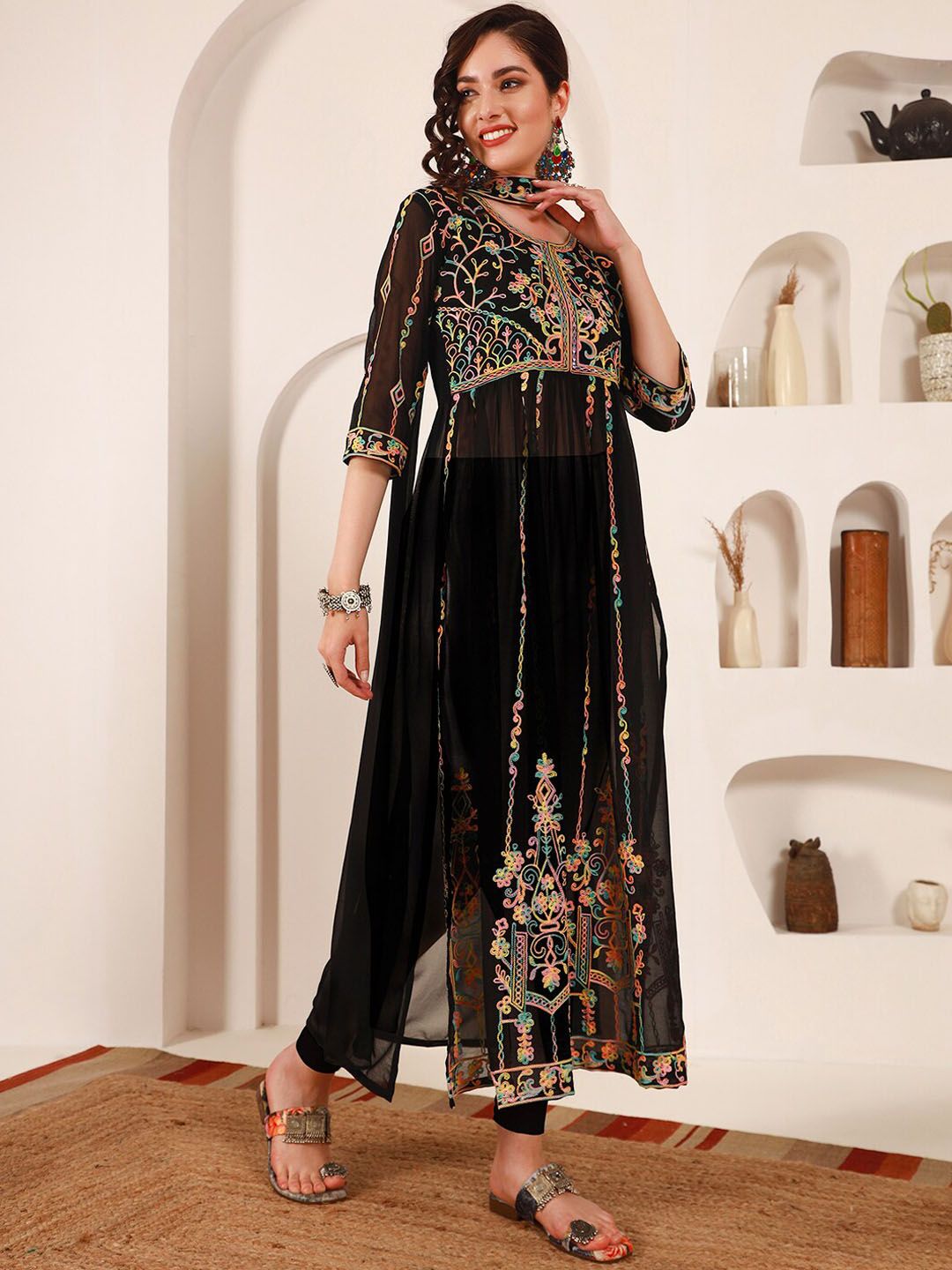 Sangria Black Ethnic Motifs Embroidered Round Neck Georgette Straight Kurta With Dupatta | Grocsy